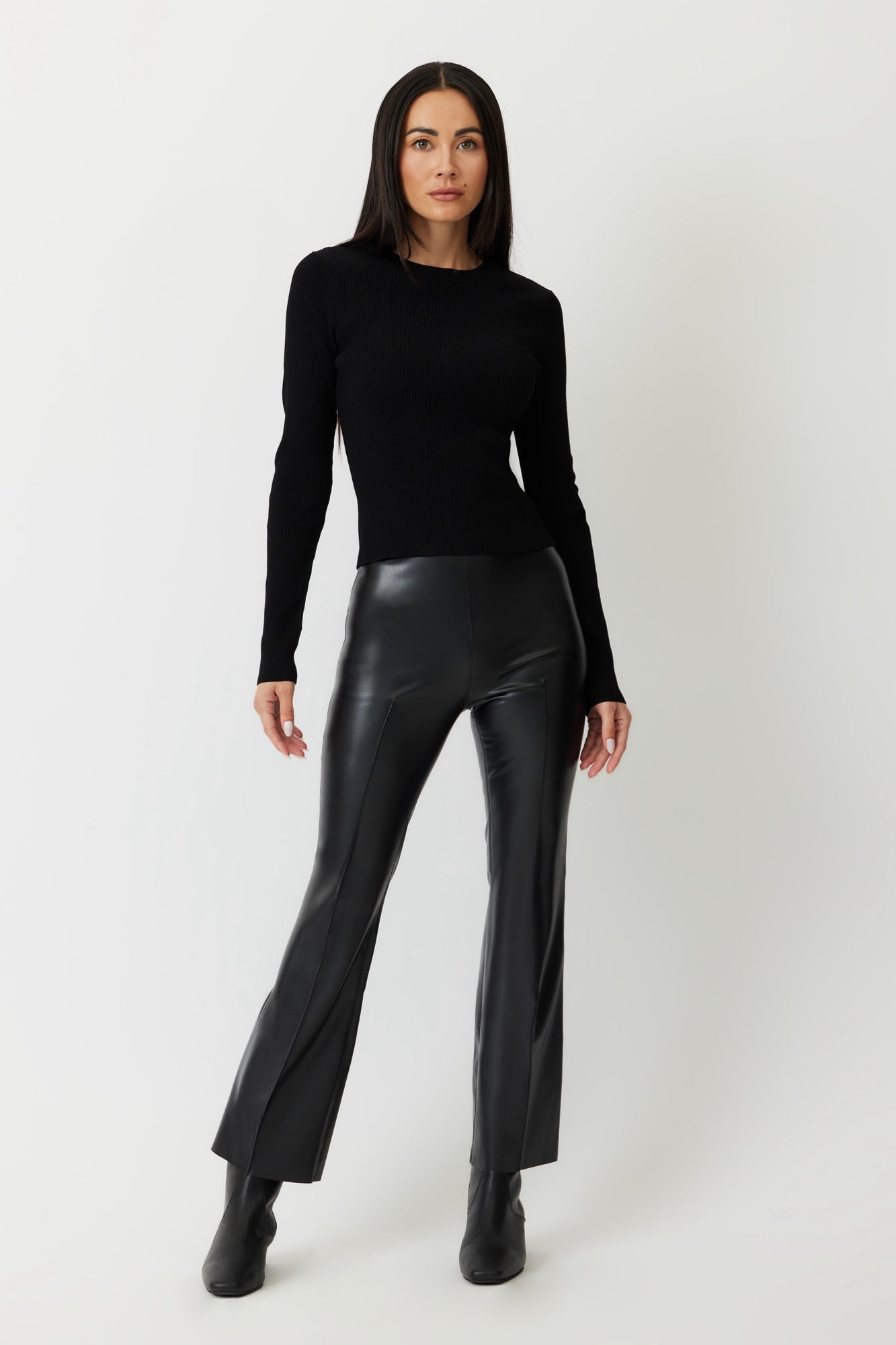 THE PORTERFIELD CROP PINTUCK FLARE PANTS ETHICAL LEATHER BLACK