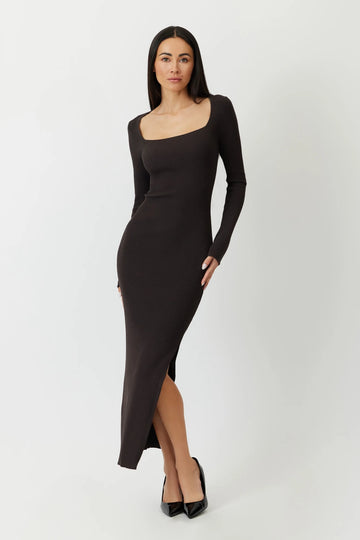 The Galen rib knit dress with adjustable slit in espresso by Greyven