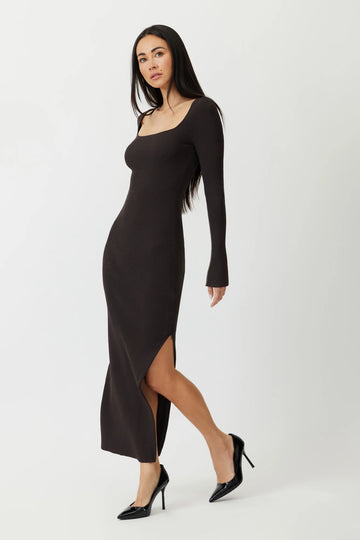 The Galen rib knit dress with adjustable slit in espresso by Greyven