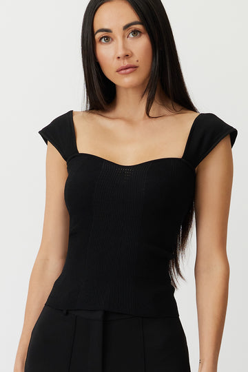 THE GLADYS RIBBED KNIT TOP - BLACK