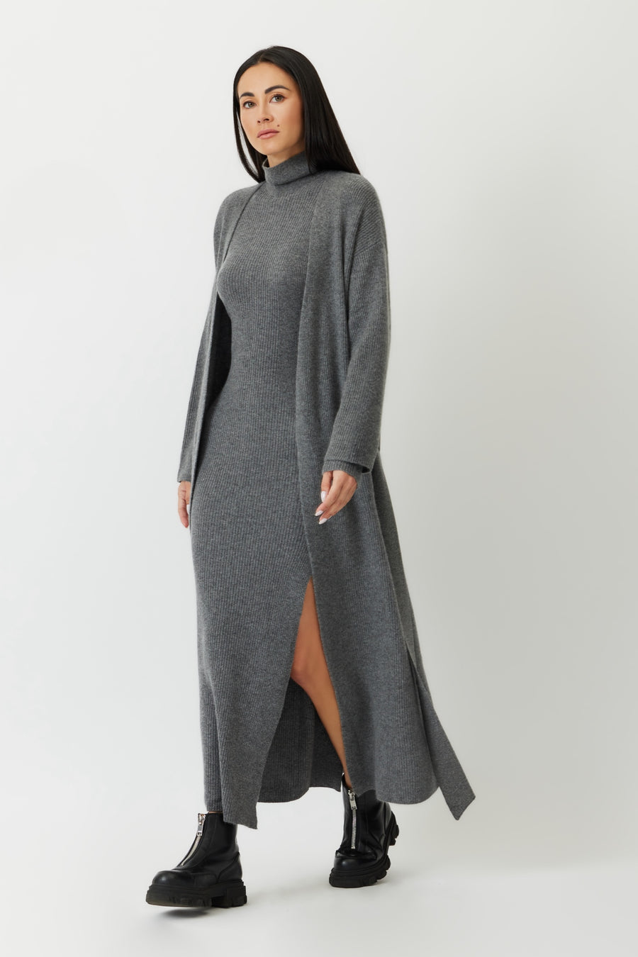THE LOGAN CASHMERE LONG BELTED CARDIGAN - GREY