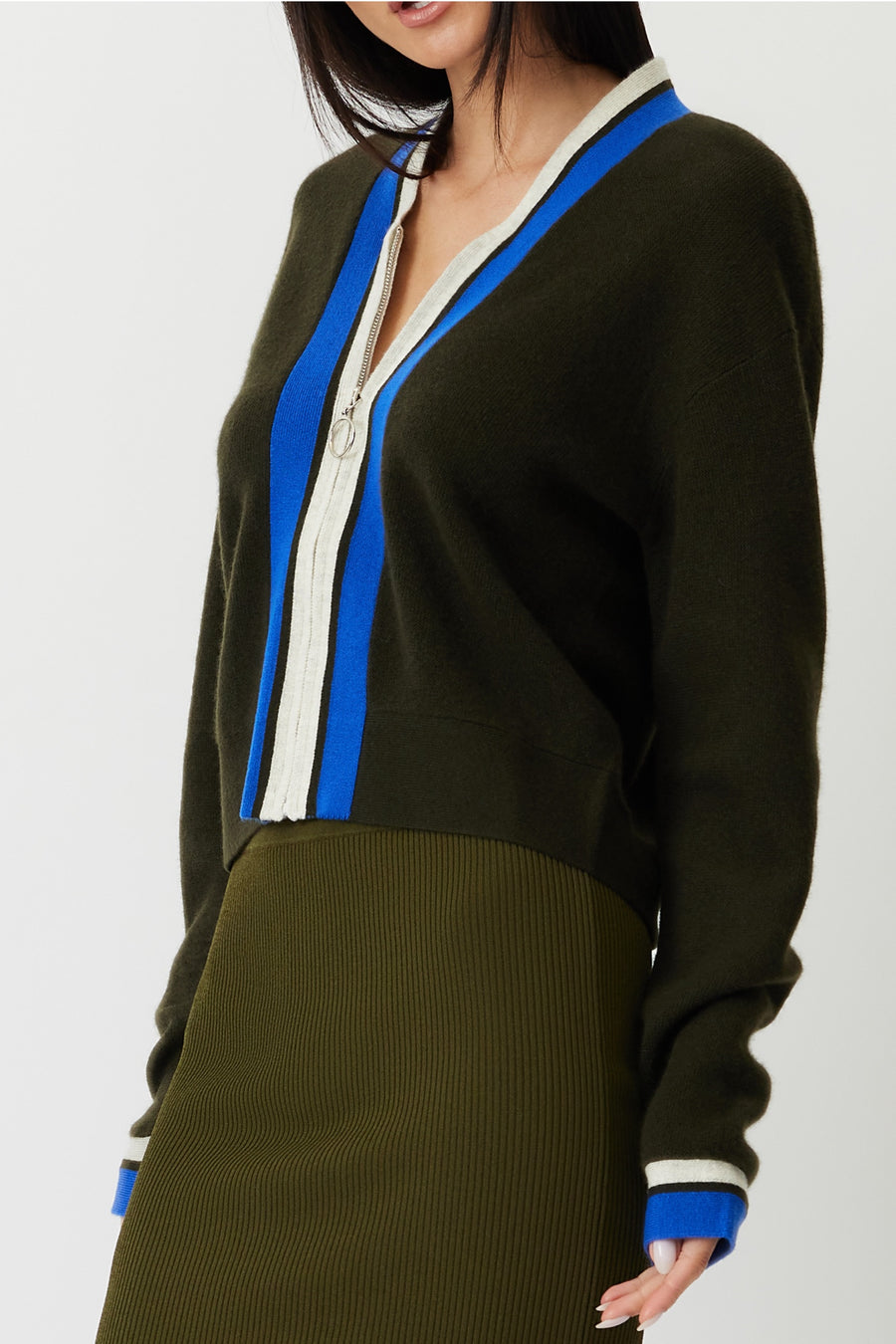 THE HOLBROOK CASHMERE BLEND ZIP CARDIGAN - ARMY