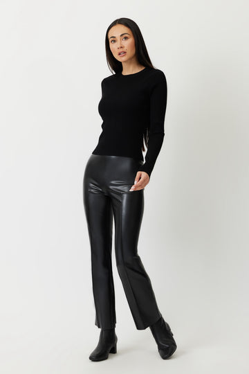 THE PORTERFIELD CROP PINTUCK FLARE PANTS - ETHICAL LEATHER BLACK