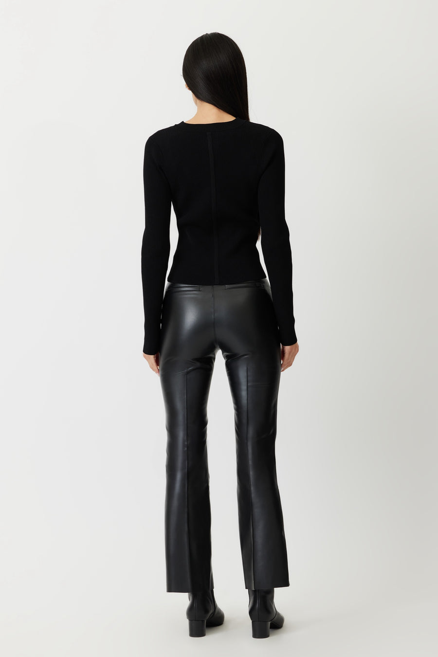 THE PORTERFIELD CROP PINTUCK FLARE PANTS - ETHICAL LEATHER BLACK