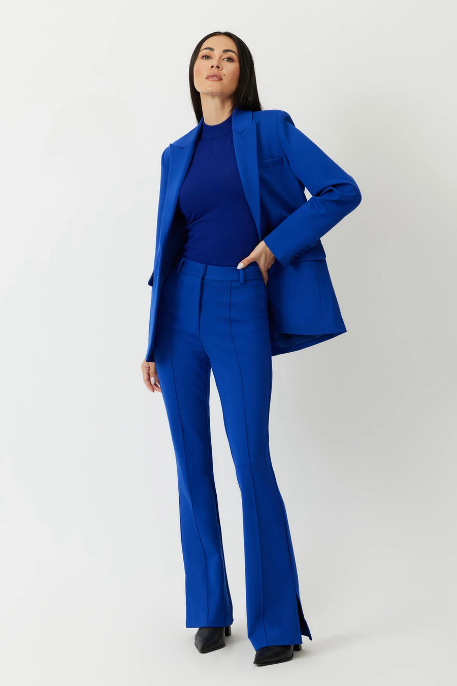The Prato High Rise flare leg ponte trouser in lapis blue by Greyven.