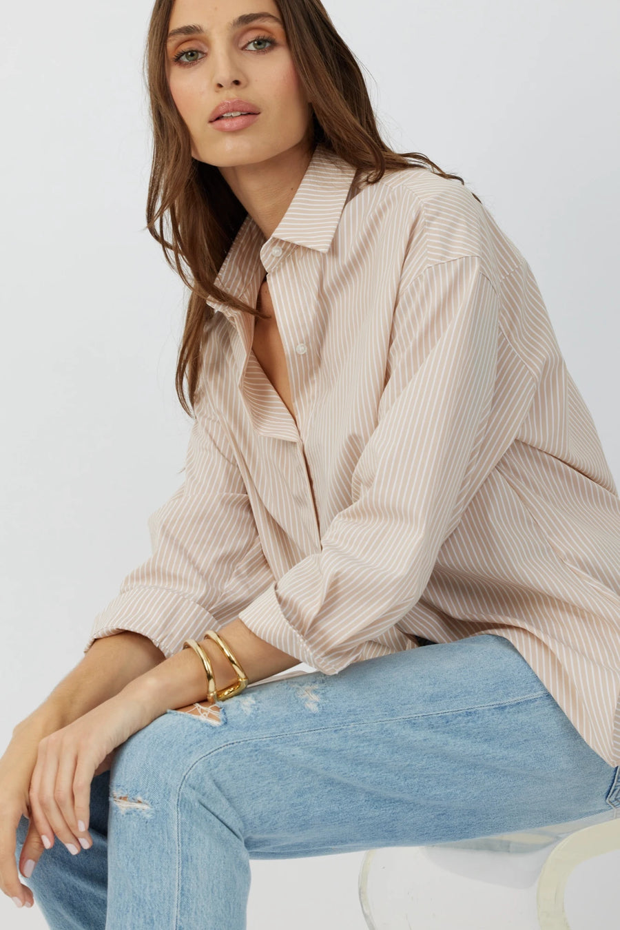 The Reya button down shirt in bengal sesame by Greyven