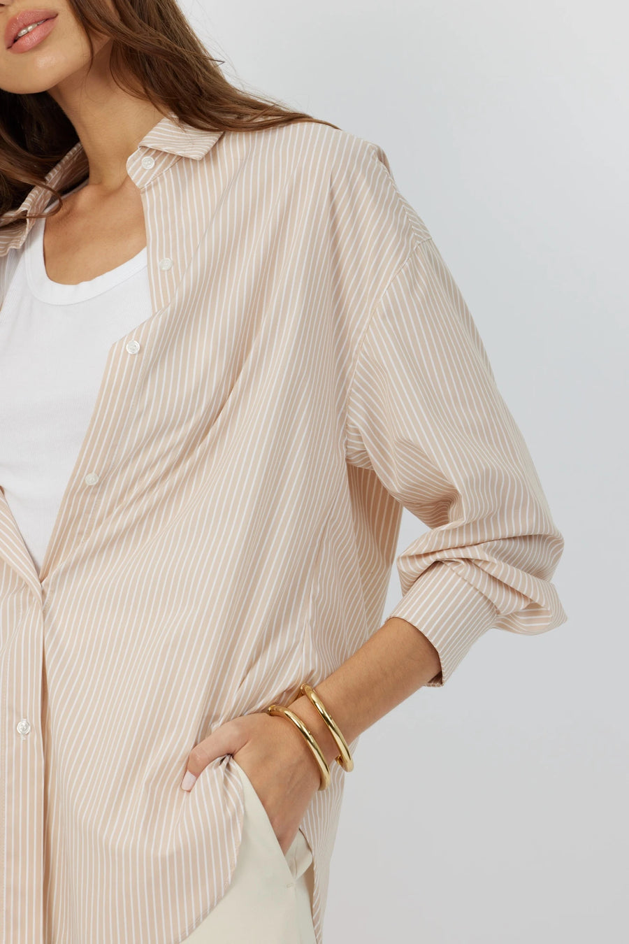 The Reya button down shirt in bengal sesame by Greyven
