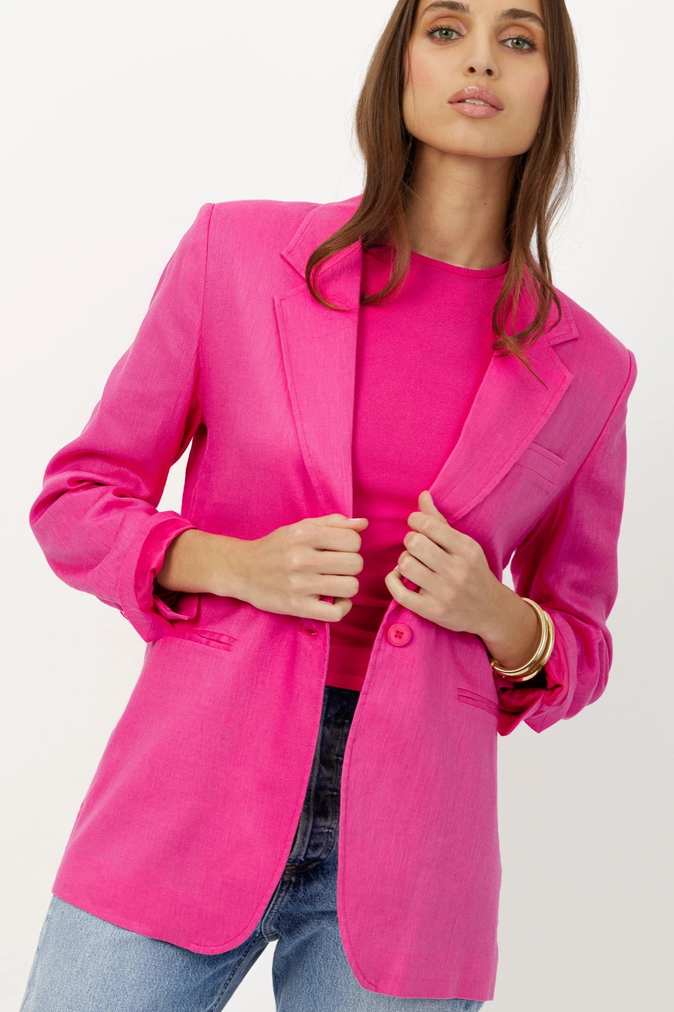 The Riley summer linen blazer in fuchsia by Greyven