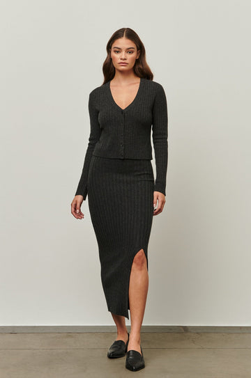 THE HUTTON CASHMERE BLEND RIBBED MIDI SKIRT CHARCOAL